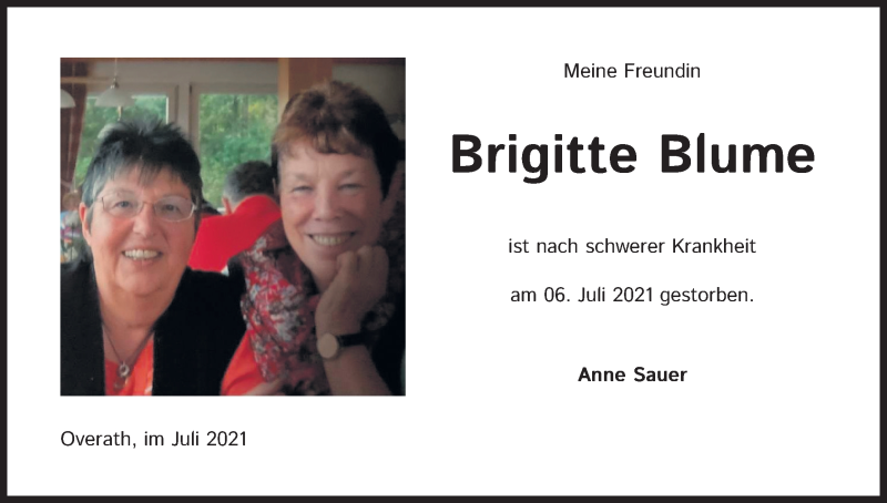  Traueranzeige für Brigitte Blume vom 10.07.2021 aus Kölner Stadt-Anzeiger / Kölnische Rundschau / Express
