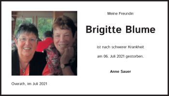 Anzeige von Brigitte Blume von Kölner Stadt-Anzeiger / Kölnische Rundschau / Express