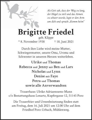 Anzeige von Brigitte Friedel von  Kölner Wochenspiegel 