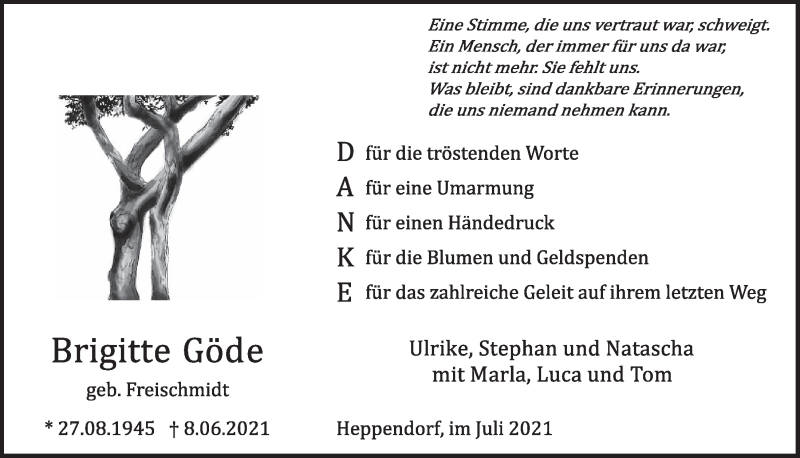  Traueranzeige für Brigitte Göde vom 16.07.2021 aus  Werbepost 