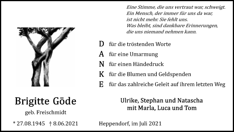  Traueranzeige für Brigitte Göde vom 17.07.2021 aus Kölner Stadt-Anzeiger / Kölnische Rundschau / Express