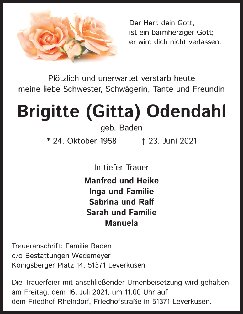  Traueranzeige für Brigitte Odendahl vom 03.07.2021 aus Kölner Stadt-Anzeiger / Kölnische Rundschau / Express