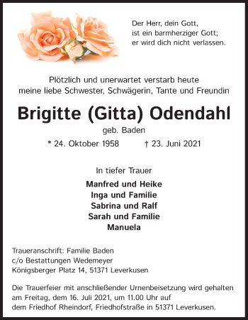 Anzeige von Brigitte Odendahl von Kölner Stadt-Anzeiger / Kölnische Rundschau / Express