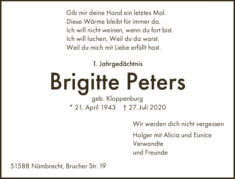  Traueranzeige für Brigitte Peters vom 23.07.2021 aus  Lokalanzeiger 