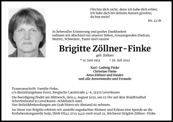 Anzeige von Brigitte Zöllner-Finke von Kölner Stadt-Anzeiger / Kölnische Rundschau / Express