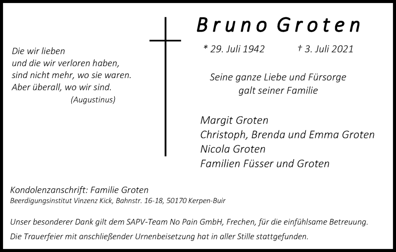 Traueranzeige für Bruno Groten vom 17.07.2021 aus Kölner Stadt-Anzeiger / Kölnische Rundschau / Express