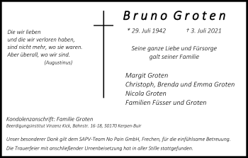 Anzeige von Bruno Groten von Kölner Stadt-Anzeiger / Kölnische Rundschau / Express