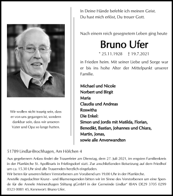 Anzeige von Bruno Ufer von Kölner Stadt-Anzeiger / Kölnische Rundschau / Express
