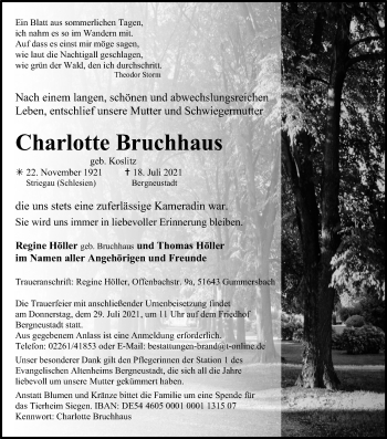 Anzeige von Charlotte Bruchhaus von Kölner Stadt-Anzeiger / Kölnische Rundschau / Express