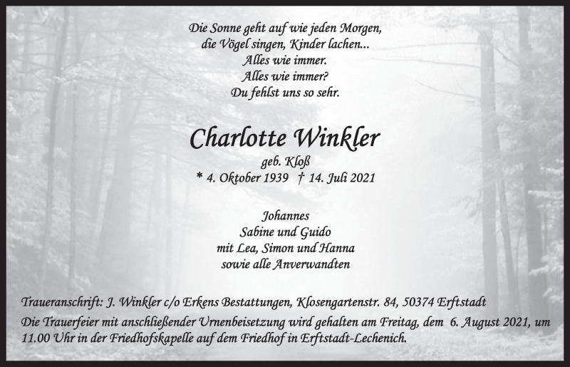  Traueranzeige für Charlotte Winkler vom 30.07.2021 aus  Werbepost 