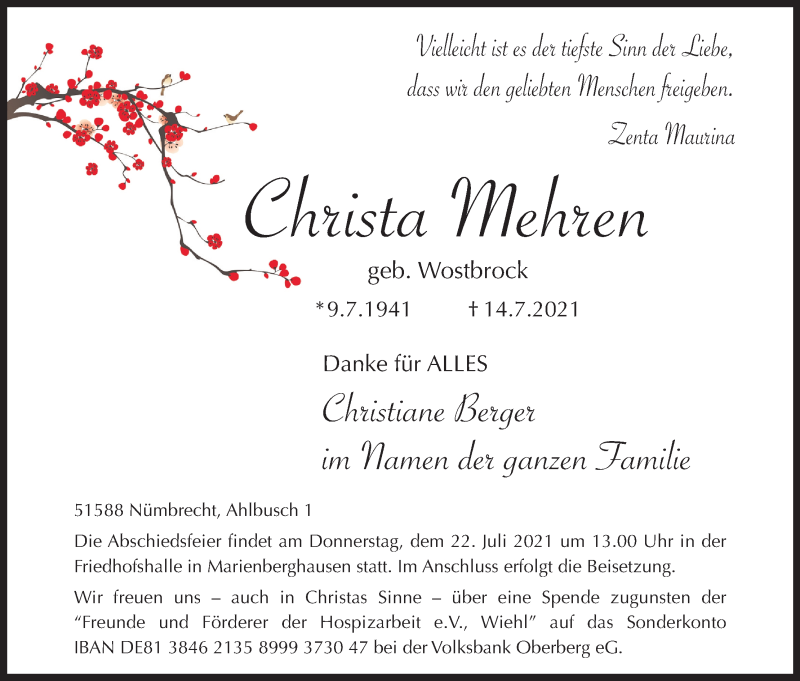  Traueranzeige für Christa Mehren vom 17.07.2021 aus Kölner Stadt-Anzeiger / Kölnische Rundschau / Express