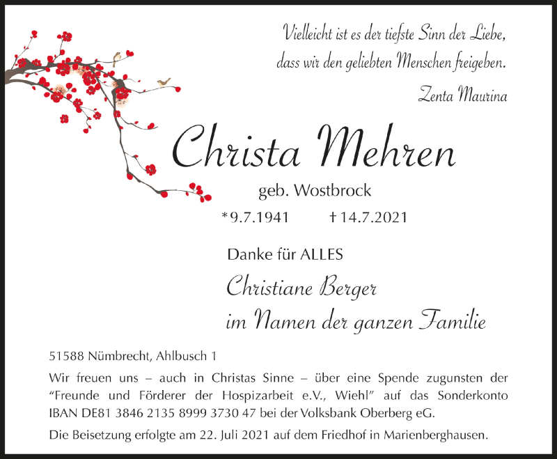  Traueranzeige für Christa Mehren vom 23.07.2021 aus  Anzeigen Echo  Lokalanzeiger 