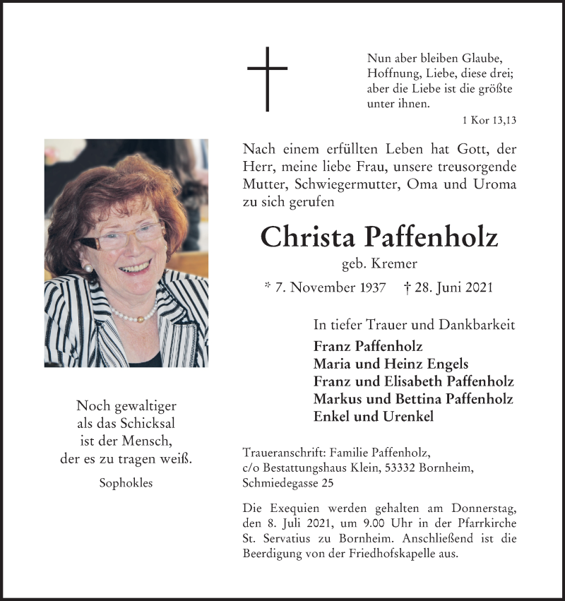  Traueranzeige für Christa Paffenholz vom 03.07.2021 aus Kölner Stadt-Anzeiger / Kölnische Rundschau / Express