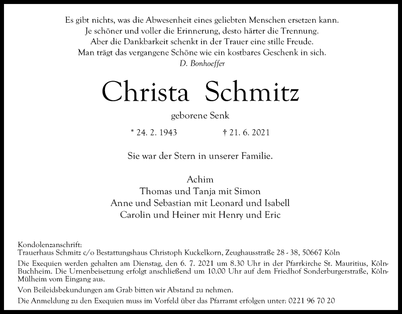  Traueranzeige für Christa Schmitz vom 03.07.2021 aus Kölner Stadt-Anzeiger / Kölnische Rundschau / Express