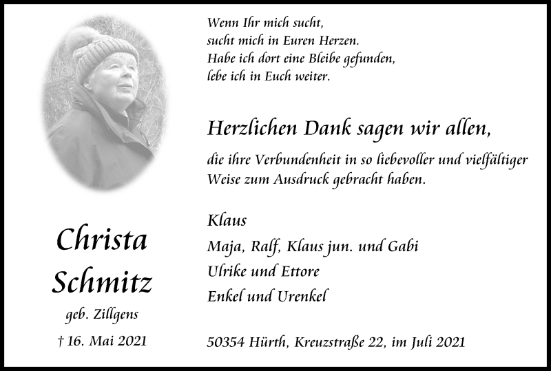  Traueranzeige für Christa Schmitz vom 03.07.2021 aus Kölner Stadt-Anzeiger / Kölnische Rundschau / Express