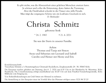 Anzeige von Christa Schmitz von Kölner Stadt-Anzeiger / Kölnische Rundschau / Express