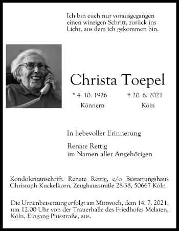 Anzeige von Christa Toepel von Kölner Stadt-Anzeiger / Kölnische Rundschau / Express