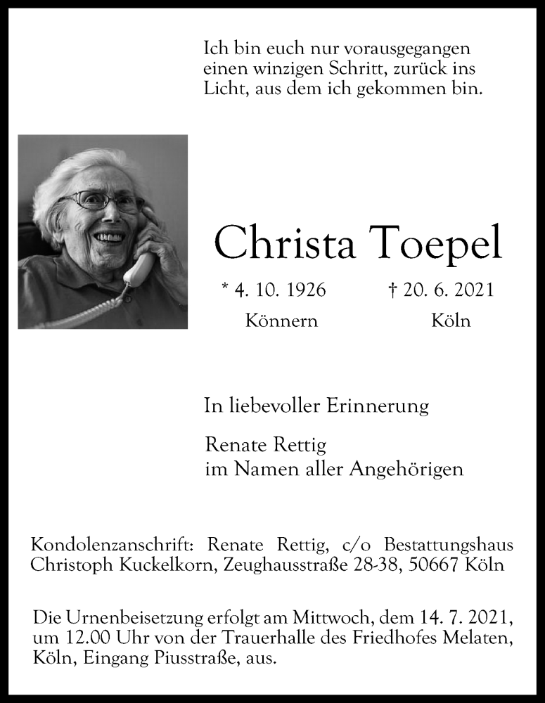  Traueranzeige für Christa Toepel vom 10.07.2021 aus Kölner Stadt-Anzeiger / Kölnische Rundschau / Express