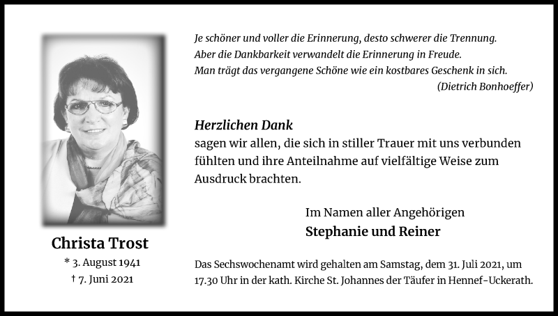  Traueranzeige für Christa Trost vom 17.07.2021 aus Kölner Stadt-Anzeiger / Kölnische Rundschau / Express