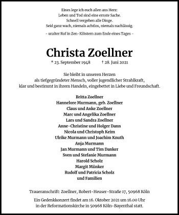Anzeige von Christa Zoellner von Kölner Stadt-Anzeiger / Kölnische Rundschau / Express