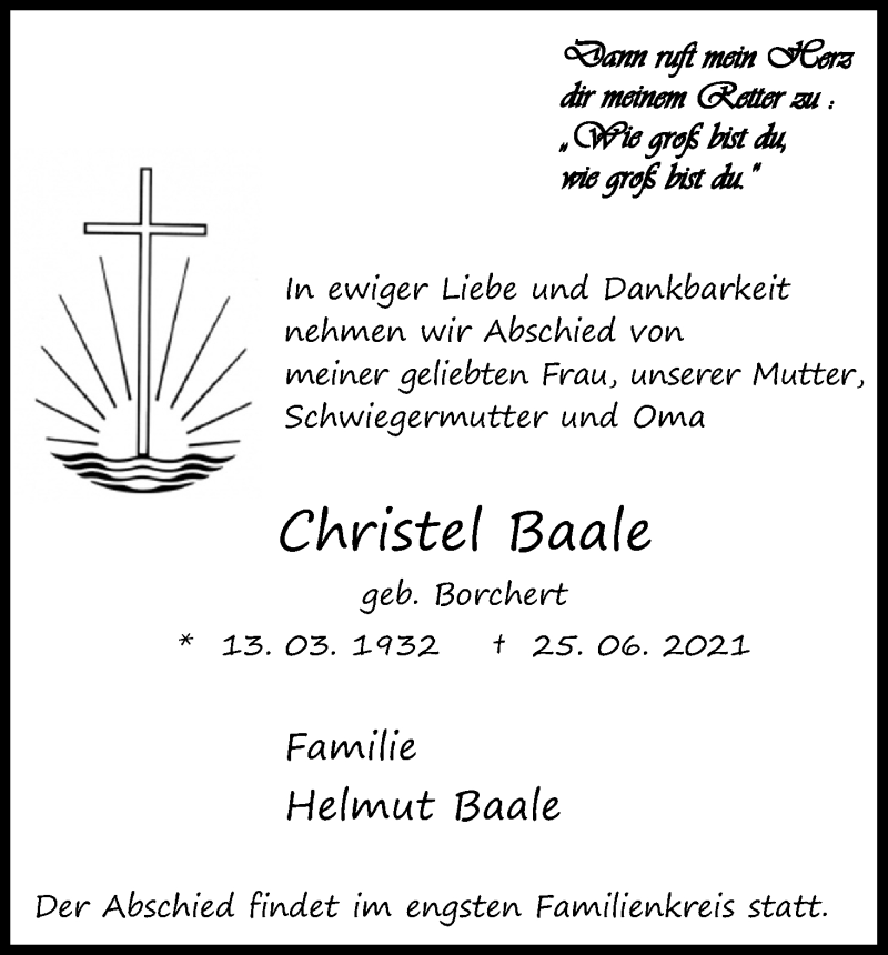  Traueranzeige für Christel Baale vom 03.07.2021 aus Kölner Stadt-Anzeiger / Kölnische Rundschau / Express