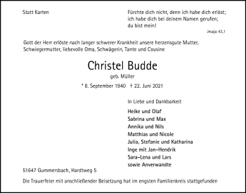 Anzeige von Christel Budde von  Anzeigen Echo 