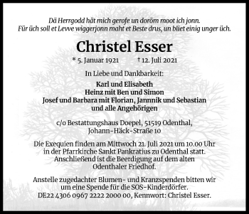 Anzeige von Christel Esser von Kölner Stadt-Anzeiger / Kölnische Rundschau / Express