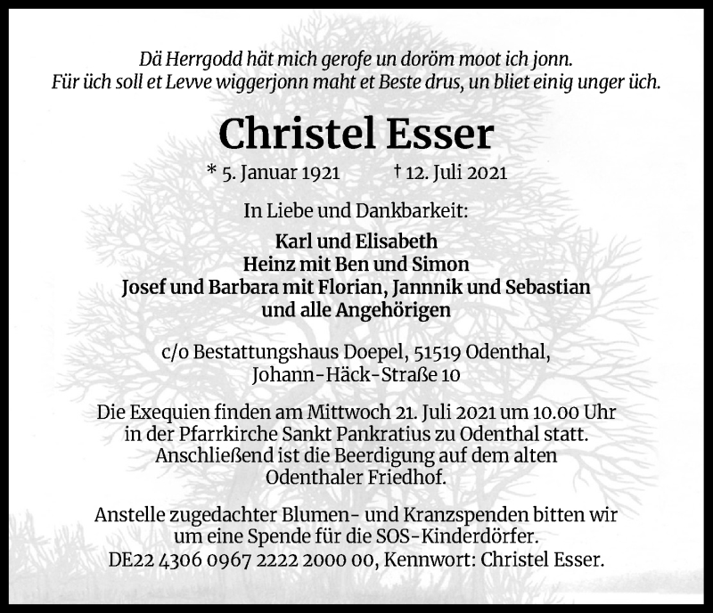  Traueranzeige für Christel Esser vom 17.07.2021 aus Kölner Stadt-Anzeiger / Kölnische Rundschau / Express
