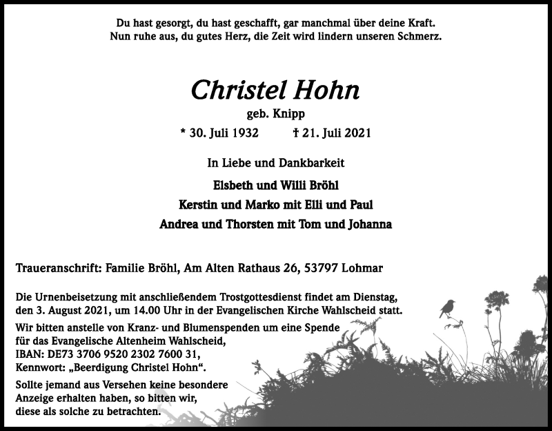  Traueranzeige für Christel Hohn vom 31.07.2021 aus Kölner Stadt-Anzeiger / Kölnische Rundschau / Express