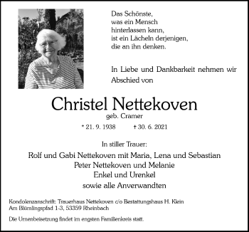 Anzeige von Christel Nettekoven von  Schaufenster/Blickpunkt 