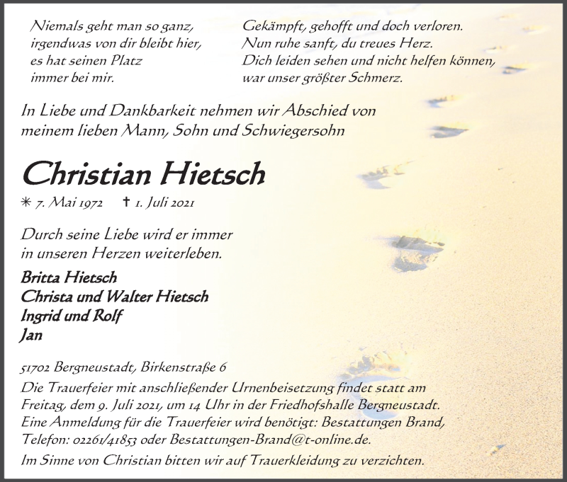  Traueranzeige für Christian Hietsch vom 07.07.2021 aus Kölner Stadt-Anzeiger / Kölnische Rundschau / Express