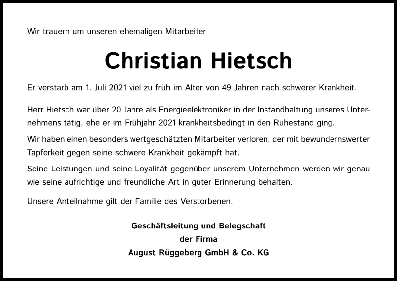  Traueranzeige für Christian Hietsch vom 17.07.2021 aus Kölner Stadt-Anzeiger / Kölnische Rundschau / Express