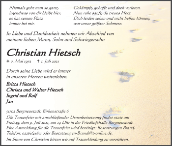 Anzeige von Christian Hietsch von Kölner Stadt-Anzeiger / Kölnische Rundschau / Express