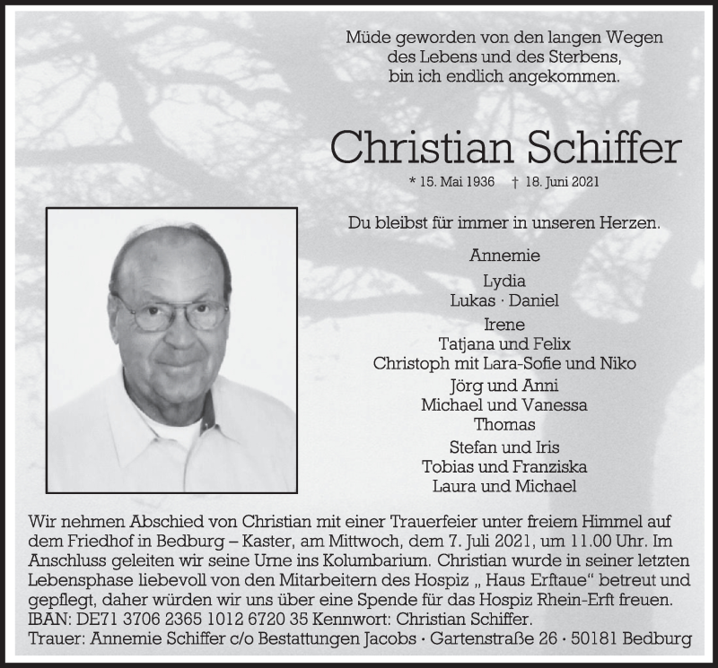  Traueranzeige für Christian Schiffer vom 02.07.2021 aus  Werbepost 