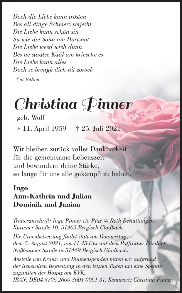  Traueranzeige für Christina Pinner vom 31.07.2021 aus Kölner Stadt-Anzeiger / Kölnische Rundschau / Express
