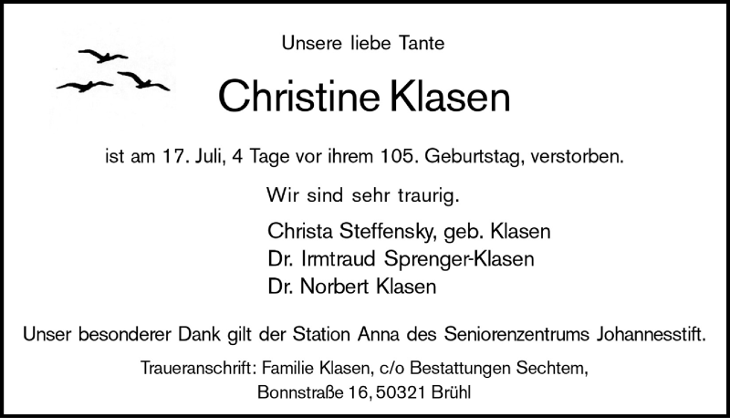 Traueranzeige für Christine Klasen vom 23.07.2021 aus  Schlossbote/Werbekurier 