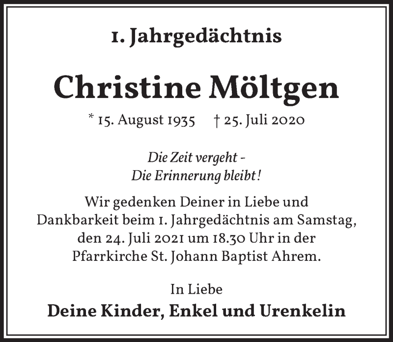  Traueranzeige für Christine Möltgen vom 23.07.2021 aus  Werbepost 