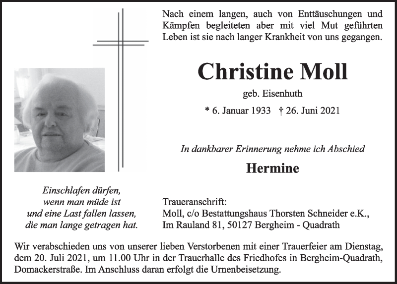 Traueranzeige für Christine Moll vom 09.07.2021 aus  Werbepost 