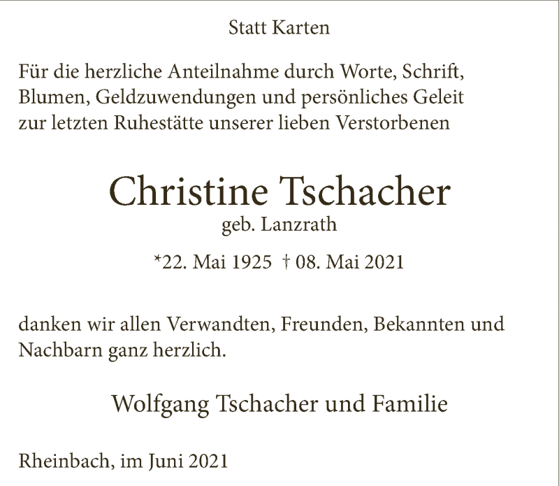  Traueranzeige für Christine Tschacher vom 02.07.2021 aus  Schaufenster/Blickpunkt 