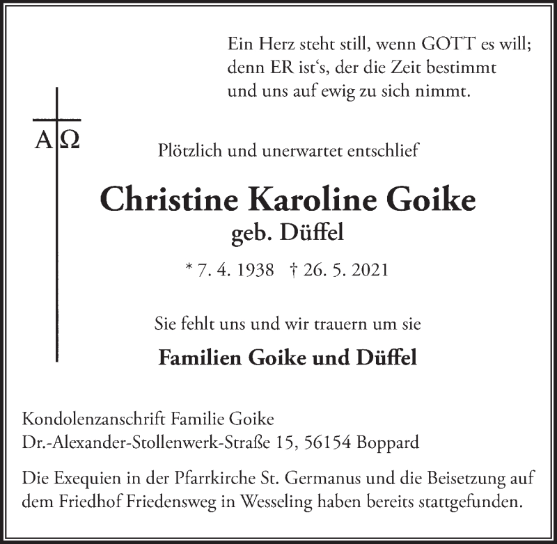  Traueranzeige für Christine Karoline Goike vom 16.07.2021 aus  Schlossbote/Werbekurier 