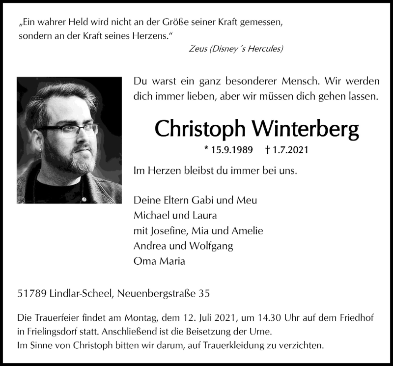  Traueranzeige für Christoph Winterberg vom 09.07.2021 aus  Anzeigen Echo 