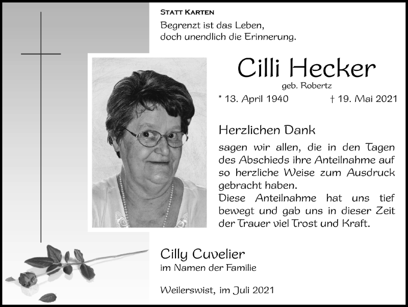  Traueranzeige für Cilli Hecker vom 03.07.2021 aus  Blickpunkt Euskirchen 