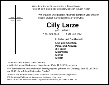 Anzeige von Cilly Larze von Kölner Stadt-Anzeiger / Kölnische Rundschau / Express