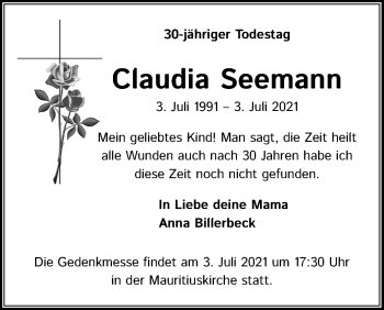 Anzeige von Claudia Seemann von Kölner Stadt-Anzeiger / Kölnische Rundschau / Express