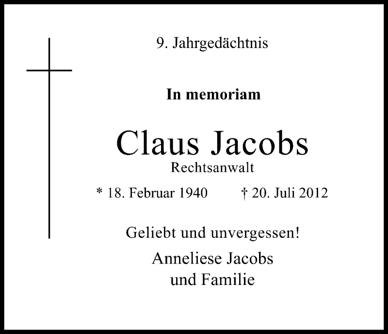  Traueranzeige für Claus Jacobs vom 17.07.2021 aus Kölner Stadt-Anzeiger / Kölnische Rundschau / Express