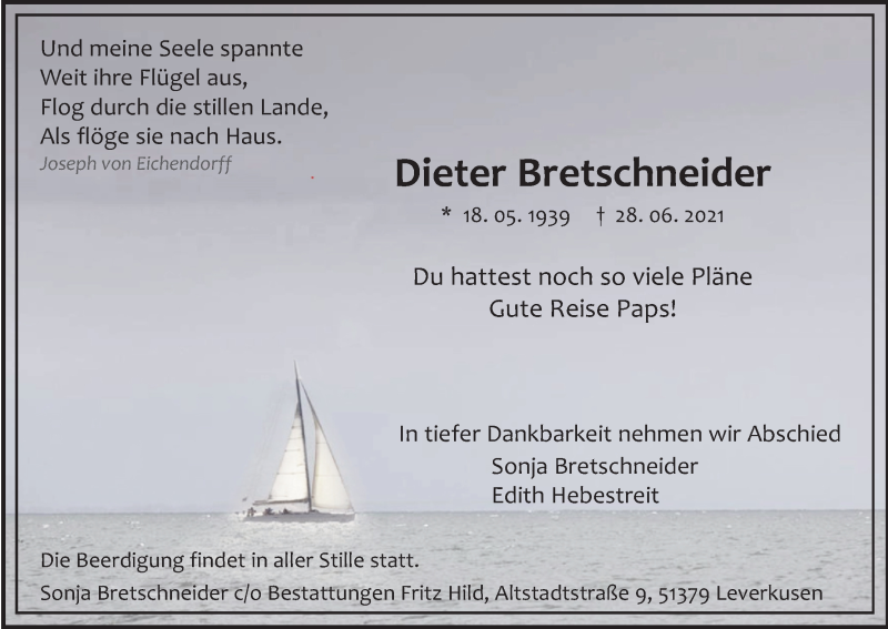  Traueranzeige für Dieter Bretschneider vom 10.07.2021 aus Kölner Stadt-Anzeiger / Kölnische Rundschau / Express