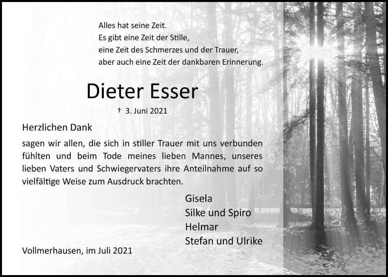  Traueranzeige für Dieter Esser vom 16.07.2021 aus  Anzeigen Echo 