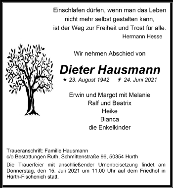 Anzeige von Dieter Hausmann von  Schaufenster/Blickpunkt 