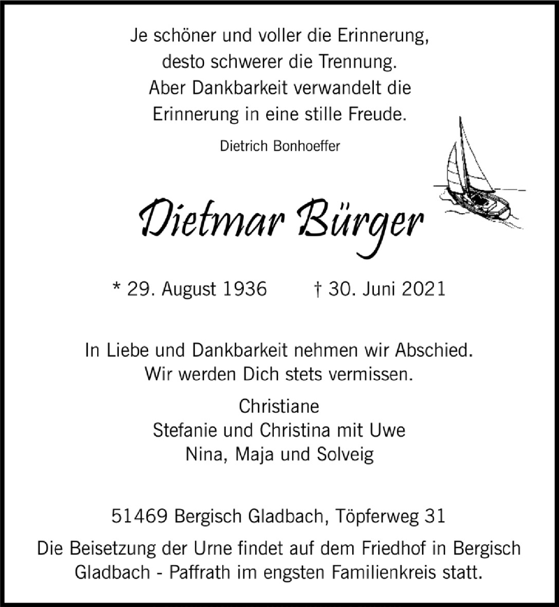 Traueranzeige für Dietmar Bürger vom 09.07.2021 aus  Bergisches Handelsblatt 