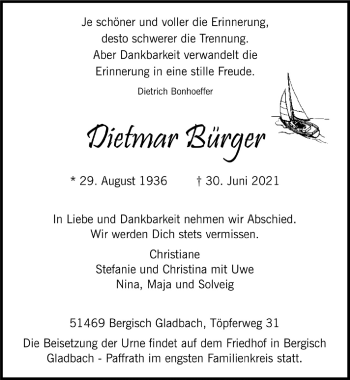 Anzeige von Dietmar Bürger von  Bergisches Handelsblatt 